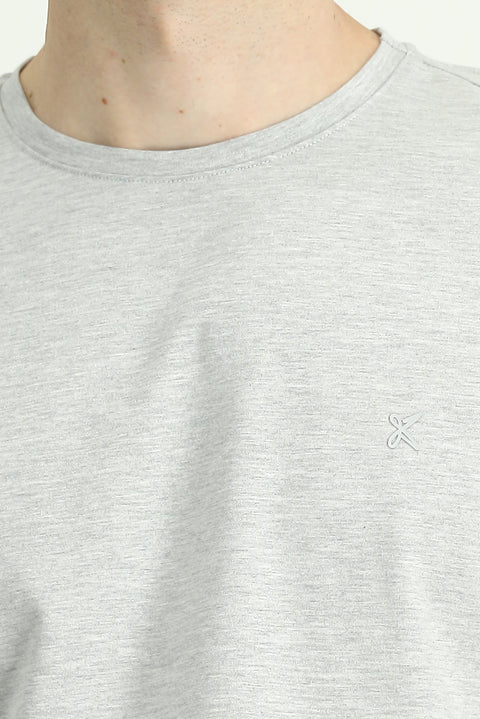 Açık Gri Melanj Bisiklet Yaka Slim Fit Yumuşak Dokulu Pamuklu Likralı Esnek Tişört