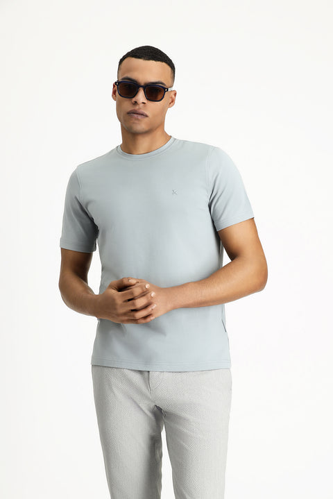 Orta Gri Bisiklet Yaka Slim Fit Yumuşak Dokulu Pamuklu Likralı Esnek Tişört