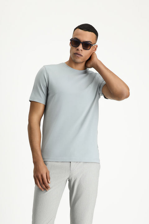 Orta Gri Bisiklet Yaka Slim Fit Yumuşak Dokulu Pamuklu Likralı Esnek Tişört