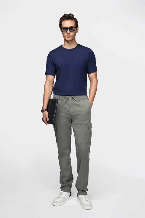 Orta Lacivert Bisiklet Yaka Slim Fit Yumuşak Dokulu Pamuklu Likralı Esnek Tişört