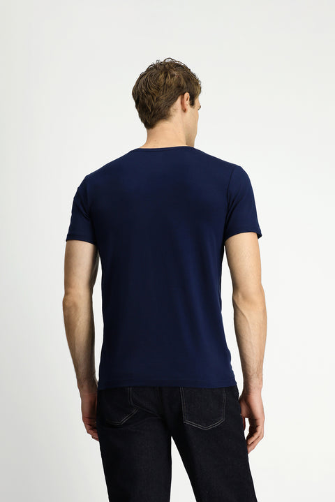 Koyu Lacivert Bisiklet Yaka Slim Fit Yumuşak Dokulu Pamuklu Likralı Esnek Tişört