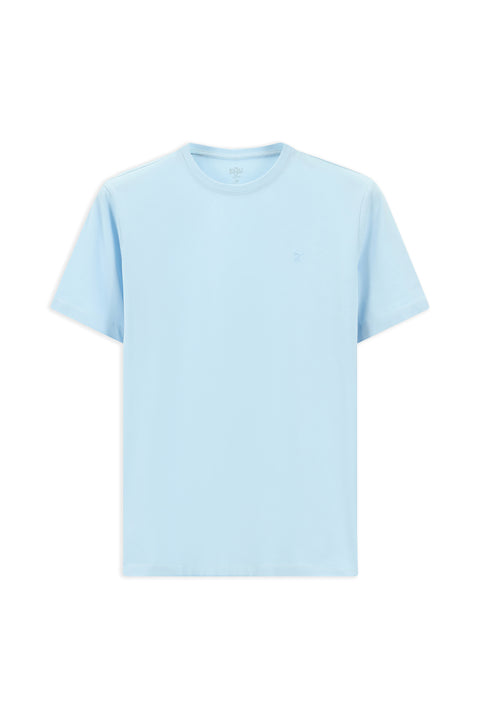 Açık Mavi Bisiklet Yaka Slim Fit Yumuşak Dokulu Pamuklu Likralı Esnek Tişört