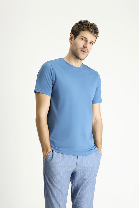 Havacı Mavi Bisiklet Yaka Slim Fit Yumuşak Dokulu Pamuklu Likralı Esnek Tişört