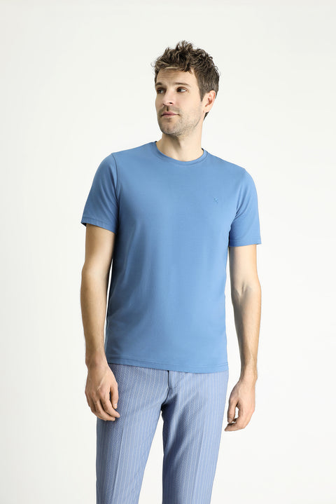 Havacı Mavi Bisiklet Yaka Slim Fit Yumuşak Dokulu Pamuklu Likralı Esnek Tişört