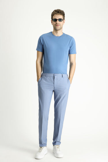 Havacı Mavi Bisiklet Yaka Slim Fit Dar Kesim Süprem Pamuklu Tişört