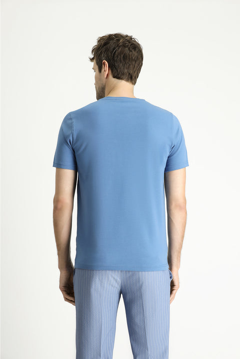 Havacı Mavi Bisiklet Yaka Slim Fit Yumuşak Dokulu Pamuklu Likralı Esnek Tişört