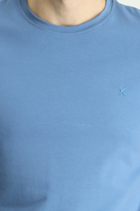 Havacı Mavi Bisiklet Yaka Slim Fit Yumuşak Dokulu Pamuklu Likralı Esnek Tişört