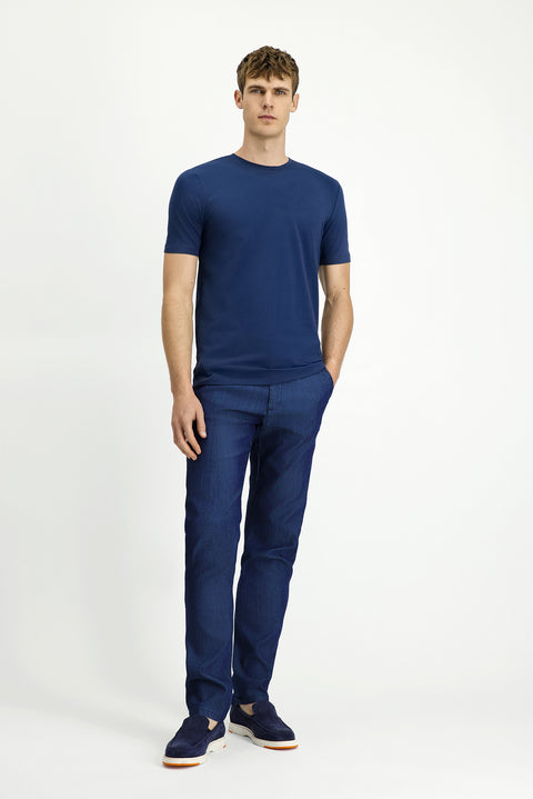 İndigo Bisiklet Yaka Slim Fit Yumuşak Dokulu Pamuklu Likralı Esnek Tişört