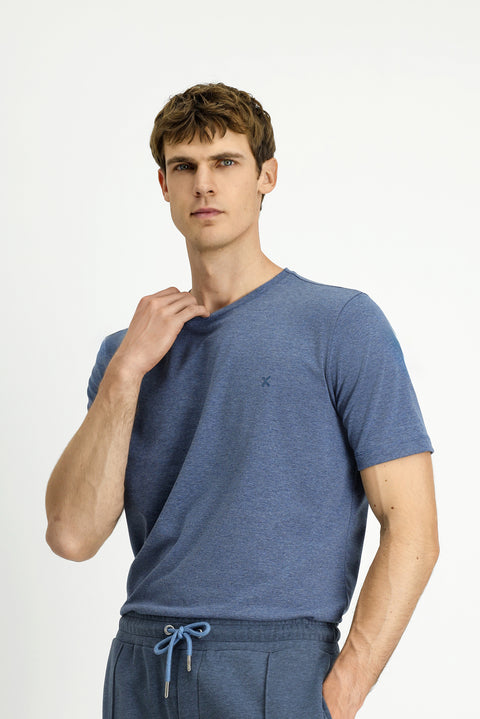 İndigo Melanj Bisiklet Yaka Slim Fit Yumuşak Dokulu Pamuklu Likralı Esnek Tişört