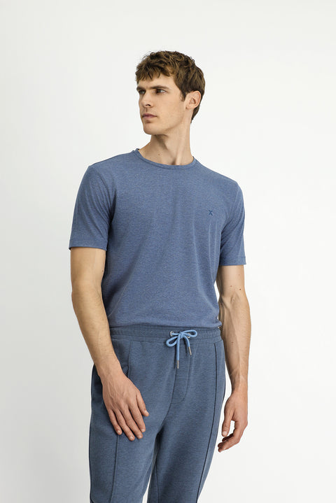 İndigo Melanj Bisiklet Yaka Slim Fit Yumuşak Dokulu Pamuklu Likralı Esnek Tişört