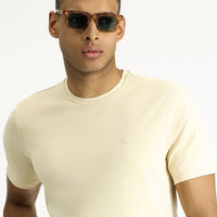 Açık Bej Bisiklet Yaka Slim Fit Yumuşak Dokulu Pamuklu Likralı Esnek Tişört