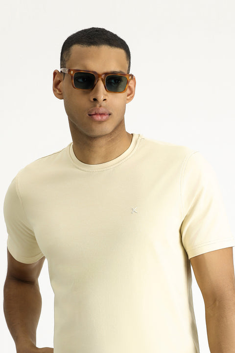 Açık Bej Bisiklet Yaka Slim Fit Yumuşak Dokulu Pamuklu Likralı Esnek Tişört