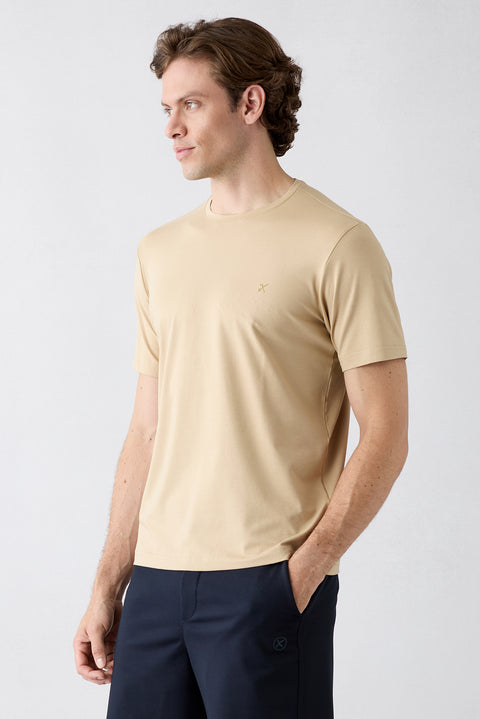Medium Beige Crew Neck Slim Fit Soft Textured Cotton Lycra Stretch T-Shirt