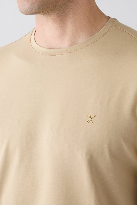 Medium Beige Crew Neck Slim Fit Soft Textured Cotton Lycra Stretch T-Shirt