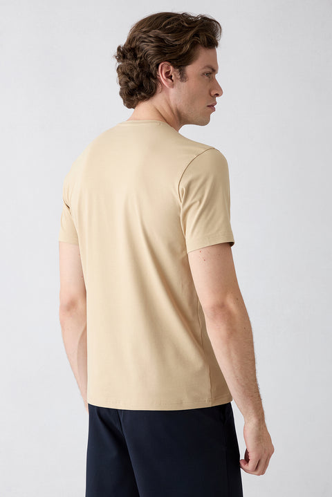 Medium Beige Crew Neck Slim Fit Soft Textured Cotton Lycra Stretch T-Shirt