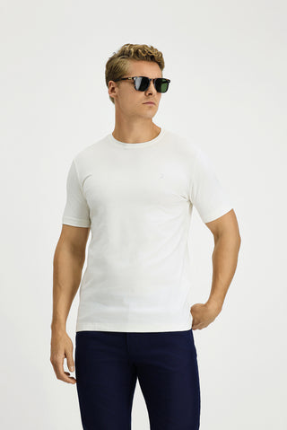  Ekru Bisiklet Yaka Slim Fit Dar Kesim Süprem Pamuklu Tişört