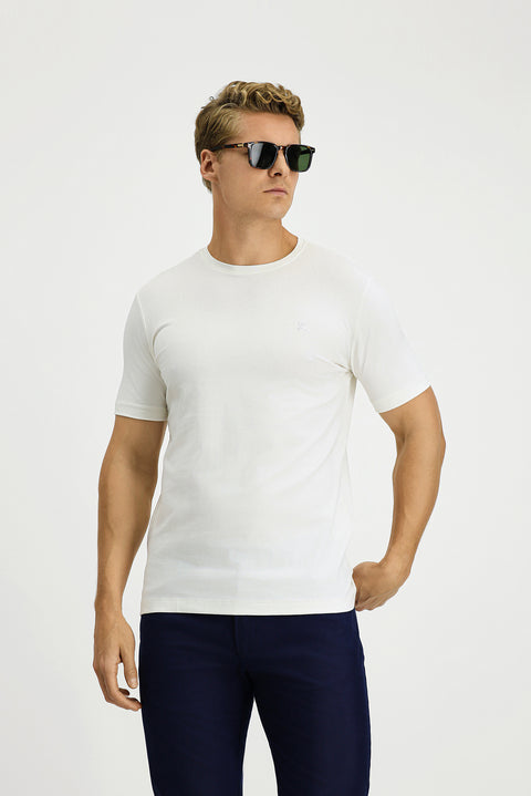 Ekru Bisiklet Yaka Slim Fit Yumuşak Dokulu Pamuklu Likralı Esnek Tişört