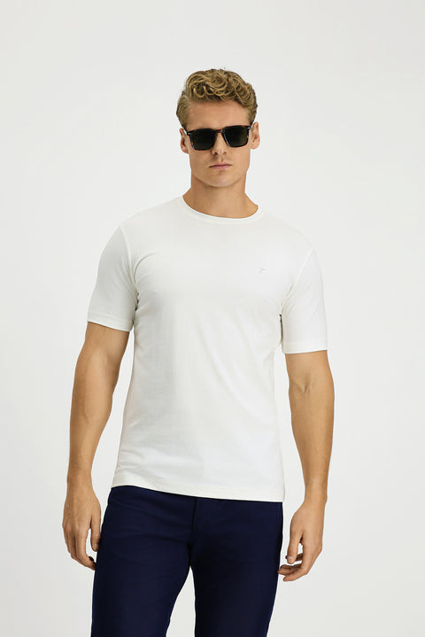 Ekru Bisiklet Yaka Slim Fit Yumuşak Dokulu Pamuklu Likralı Esnek Tişört