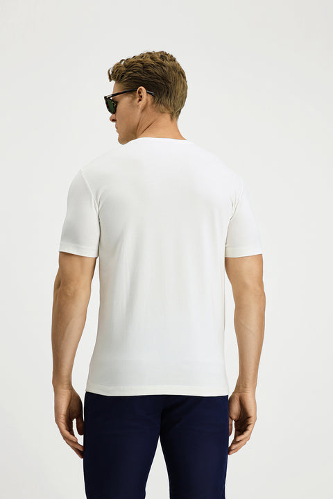 Ekru Bisiklet Yaka Slim Fit Yumuşak Dokulu Pamuklu Likralı Esnek Tişört