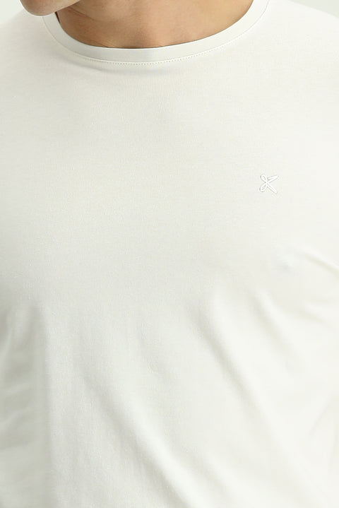 Ekru Bisiklet Yaka Slim Fit Yumuşak Dokulu Pamuklu Likralı Esnek Tişört