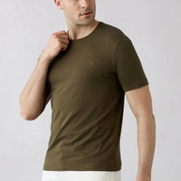 Orta Haki Bisiklet Yaka Slim Fit Yumuşak Dokulu Pamuklu Likralı Esnek Tişört
