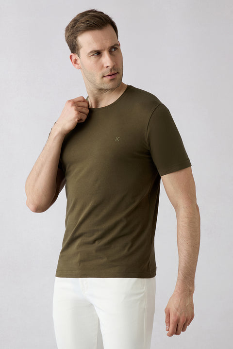 Orta Haki Bisiklet Yaka Slim Fit Yumuşak Dokulu Pamuklu Likralı Esnek Tişört