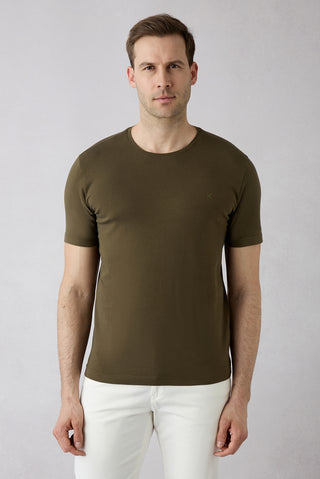  Orta Haki Bisiklet Yaka Slim Fit Yumuşak Dokulu Pamuklu Likralı Esnek Tişört