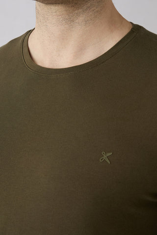  Orta Haki Bisiklet Yaka Slim Fit Yumuşak Dokulu Pamuklu Likralı Esnek Tişört