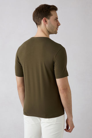  Orta Haki Bisiklet Yaka Slim Fit Yumuşak Dokulu Pamuklu Likralı Esnek Tişört