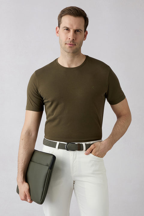 Orta Haki Bisiklet Yaka Slim Fit Yumuşak Dokulu Pamuklu Likralı Esnek Tişört