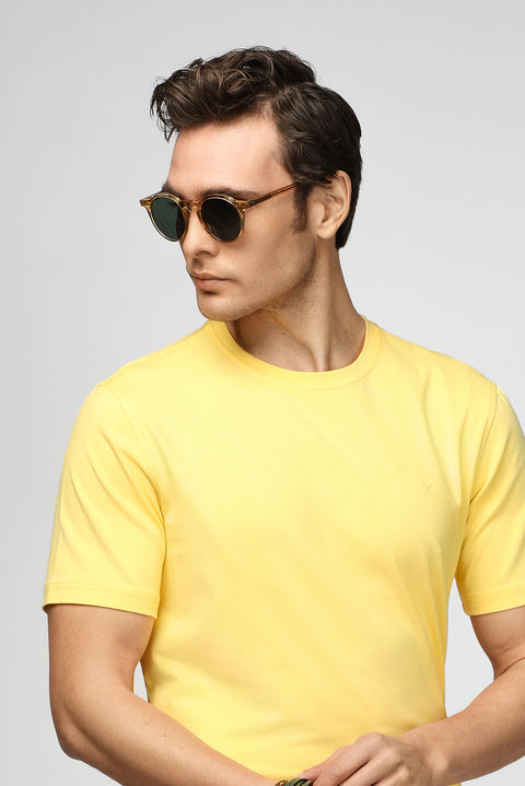 Açık Sarı Bisiklet Yaka Slim Fit Yumuşak Dokulu Pamuklu Likralı Esnek Tişört