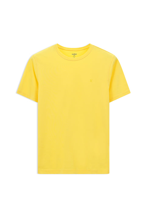 Light Yellow Crew Neck Slim Fit Soft Textured Cotton Lycra Stretch T-Shirt
