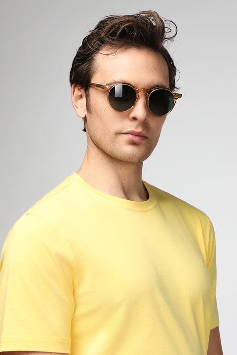 Açık Sarı Bisiklet Yaka Slim Fit Yumuşak Dokulu Pamuklu Likralı Esnek Tişört