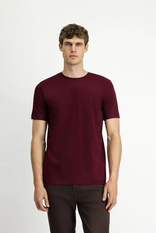  Koyu Bordo Bisiklet Yaka Slim Fit Yumuşak Dokulu Pamuklu Likralı Esnek Tişört