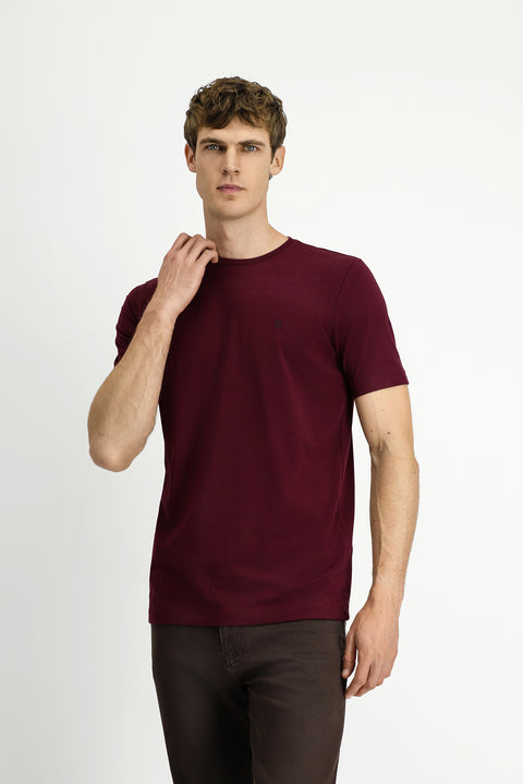 Koyu Bordo Bisiklet Yaka Slim Fit Yumuşak Dokulu Pamuklu Likralı Esnek Tişört