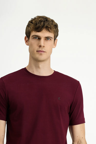  Koyu Bordo Bisiklet Yaka Slim Fit Dar Kesim Süprem Pamuklu Tişört