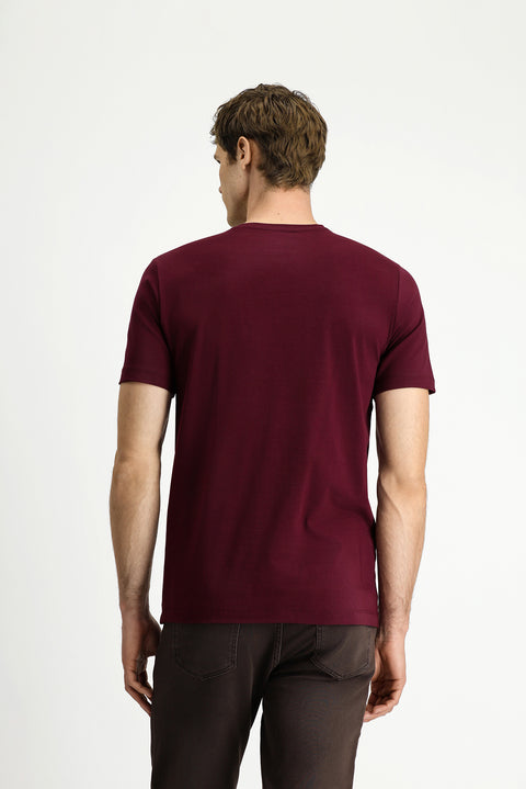 Koyu Bordo Bisiklet Yaka Slim Fit Yumuşak Dokulu Pamuklu Likralı Esnek Tişört