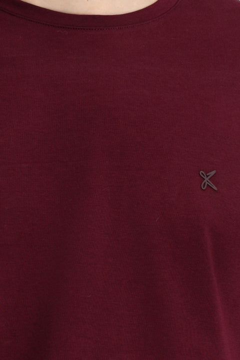 Koyu Bordo Bisiklet Yaka Slim Fit Yumuşak Dokulu Pamuklu Likralı Esnek Tişört