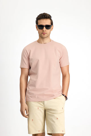  Toz Pembe Bisiklet Yaka Slim Fit Yumuşak Dokulu Pamuklu Likralı Esnek Tişört