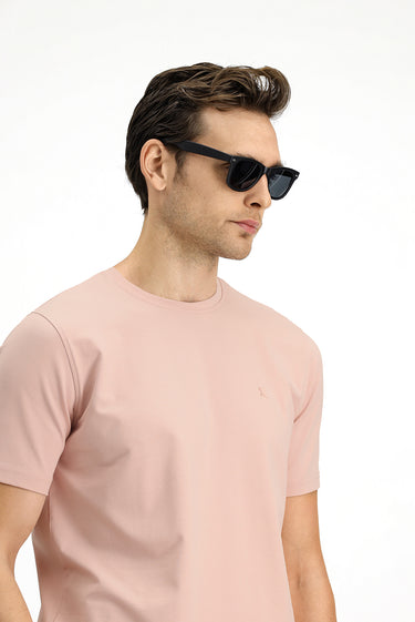 Toz Pembe Bisiklet Yaka Slim Fit Dar Kesim Süprem Pamuklu Tişört