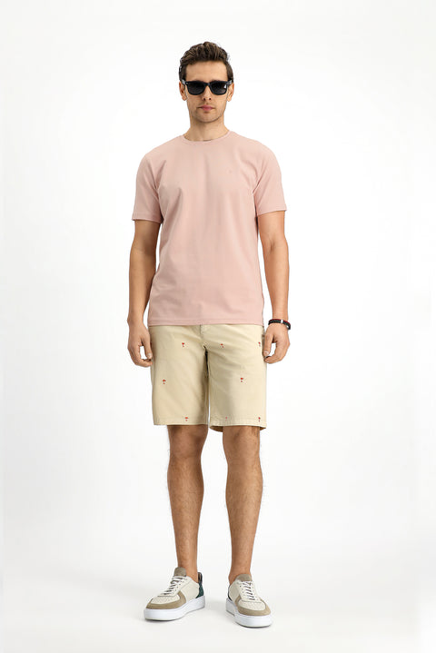 Toz Pembe Bisiklet Yaka Slim Fit Yumuşak Dokulu Pamuklu Likralı Esnek Tişört