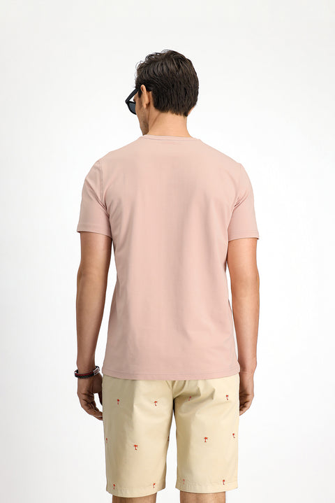 Toz Pembe Bisiklet Yaka Slim Fit Yumuşak Dokulu Pamuklu Likralı Esnek Tişört