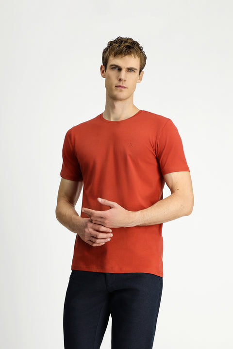 Turuncu Bisiklet Yaka Slim Fit Yumuşak Dokulu Pamuklu Likralı Esnek Tişört