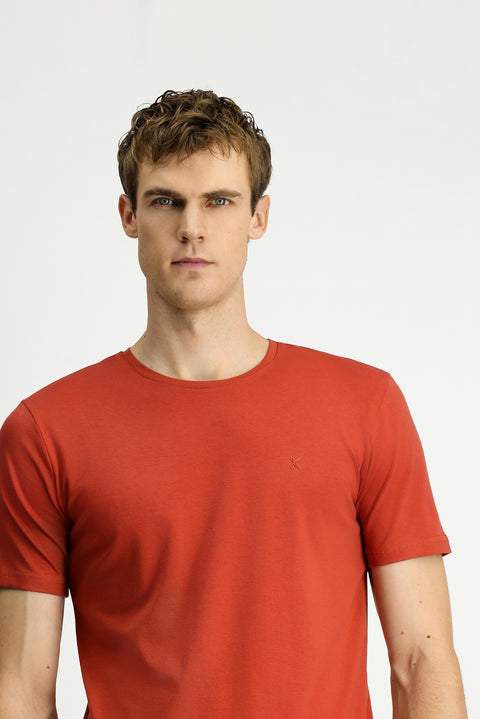 Turuncu Bisiklet Yaka Slim Fit Yumuşak Dokulu Pamuklu Likralı Esnek Tişört