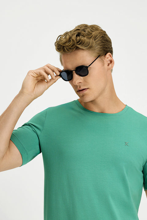 Mercan Yeşili Bisiklet Yaka Slim Fit Yumuşak Dokulu Pamuklu Likralı Esnek Tişört