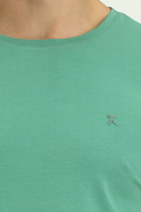 Mercan Yeşili Bisiklet Yaka Slim Fit Yumuşak Dokulu Pamuklu Likralı Esnek Tişört