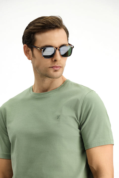 Orman Yeşili Bisiklet Yaka Slim Fit Yumuşak Dokulu Pamuklu Likralı Esnek Tişört