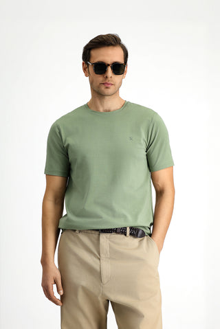  Orman Yeşili Bisiklet Yaka Slim Fit Yumuşak Dokulu Pamuklu Likralı Esnek Tişört