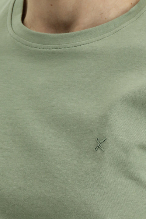 Orman Yeşili Bisiklet Yaka Slim Fit Yumuşak Dokulu Pamuklu Likralı Esnek Tişört