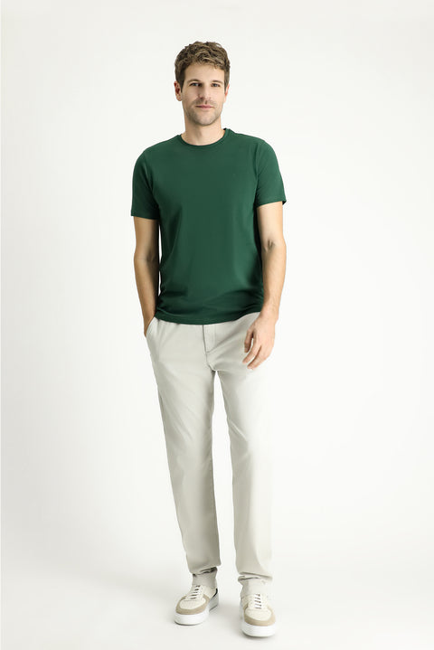 Koyu Yeşil Bisiklet Yaka Slim Fit Yumuşak Dokulu Pamuklu Likralı Esnek Tişört